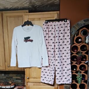 J. Crew Christmas Tree Truck Print Sleep Pajamas Pajama Set PJ Pink Green Red